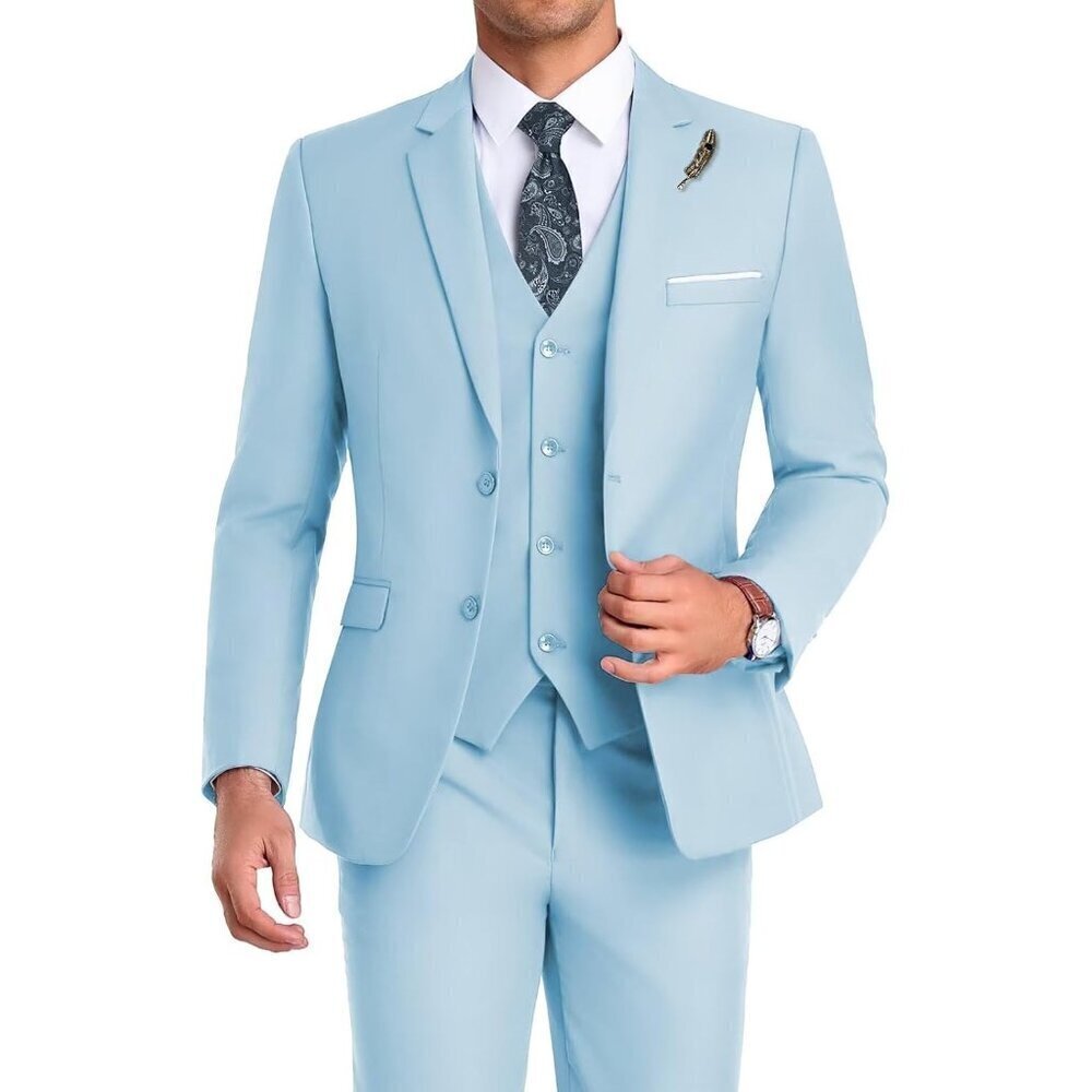 Men's Notched Lapel Sky Blue Groomsmen Slim Fit 3 Pieces Suit for Wedding
